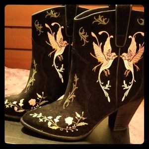 Ash Black Suede Embroidered Ankle Booties